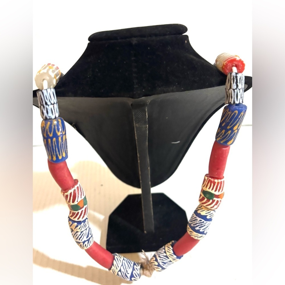 Handmade Africa Multicolor Beaded Necklace with Gold Focal Accent - Picture 2 of 3